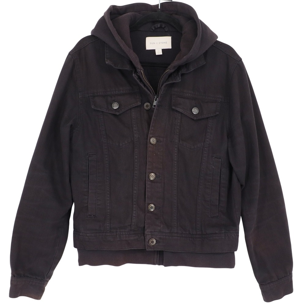 Sun + Stone Men's Dillon Hooded Denim Trucker Jacket Size Medium Black Casual